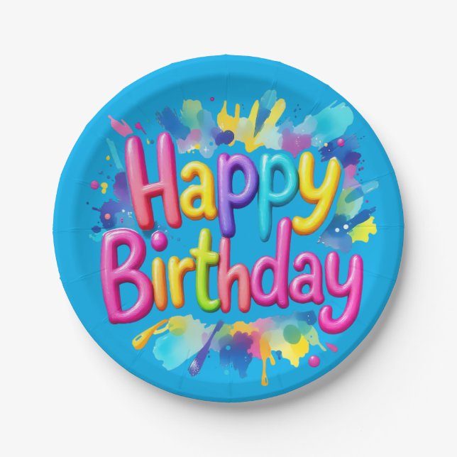 Farbenfroher Spritzer "Happy Birthday" Pappteller (Vorderseite)