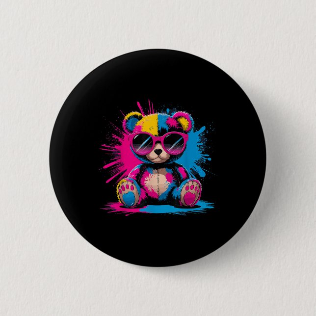 Farbenfroher Teddybär mit Stühlen Button (Vorderseite)