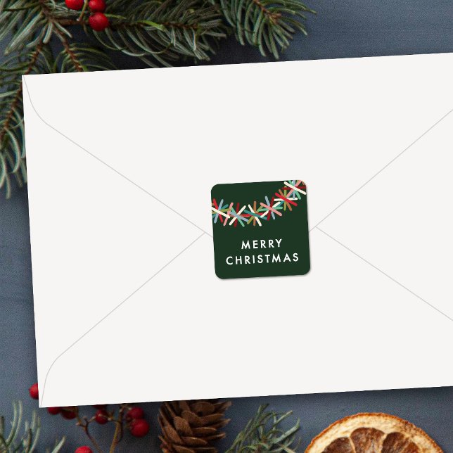 Farbenfroher Tinsel-Girlande-Frohe-Weihnachten-Auf Quadratischer Aufkleber (Von Creator hochgeladen)