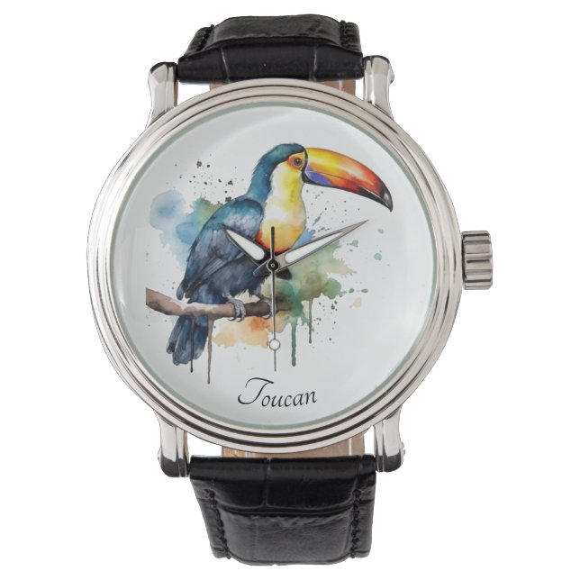 farbenfroher Toucan sitzend auf einem Zweig, anpas Armbanduhr (Vorderseite)