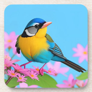 Farbenfroher Vogel auf blühendem Ast Getränkeuntersetzer