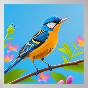 Farbenfroher Vogel auf blühendem Ast Poster
