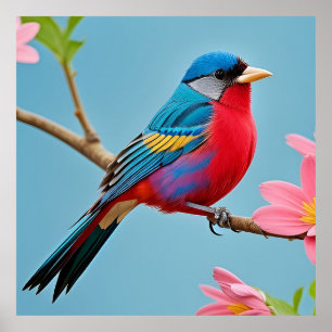 Farbenfroher Vogel auf blühendem Ast Poster