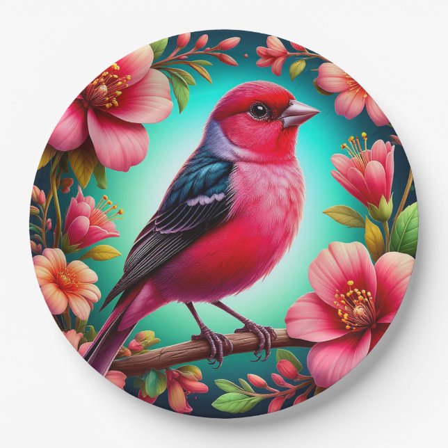 Farbenfroher Vogel auf dem Zweig Pappteller (Vorderseite)