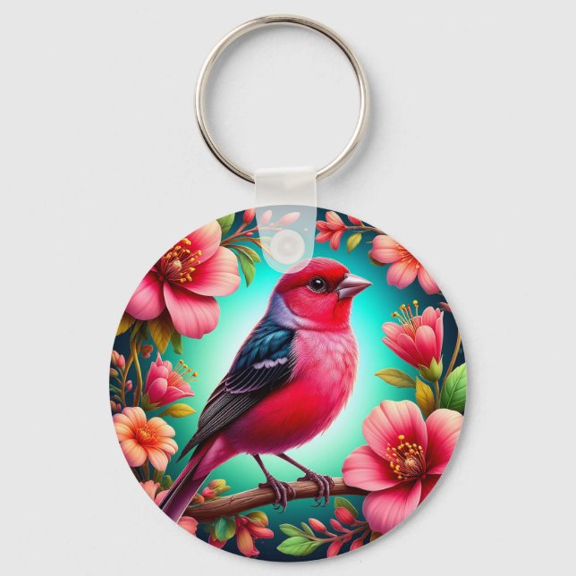 Farbenfroher Vogel auf dem Zweig Schlüsselanhänger (Vorderseite)