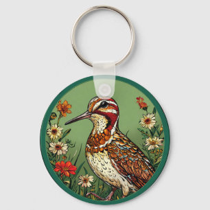 Farbenfroher Vogel mit floralem Rahmen Schlüsselanhänger