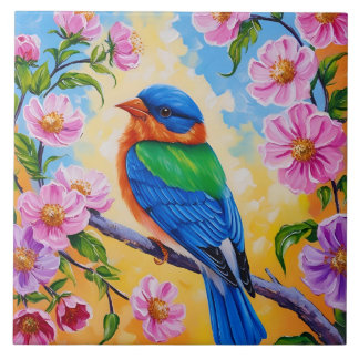 Farbenfroher Vogel mit rosafarbenen Rose Natur Fliese