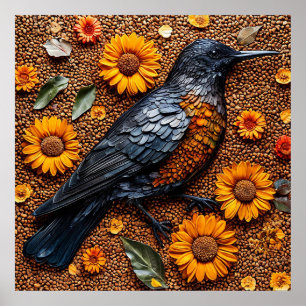 Farbenfroher Vogel mit Sonnenblumen Poster