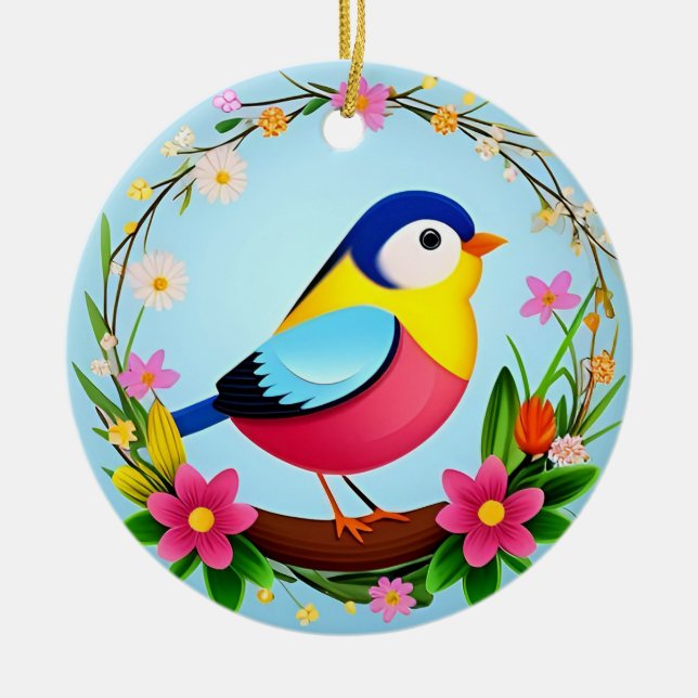 Farbenfroher Vogel umgeben von Blume Kraut Keramik Ornament (Vorne)