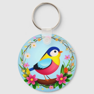 Farbenfroher Vogel umgeben von Blume Kraut Schlüsselanhänger
