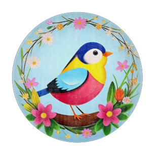 Farbenfroher Vogel umgeben von Blume Kraut Schneidebrett