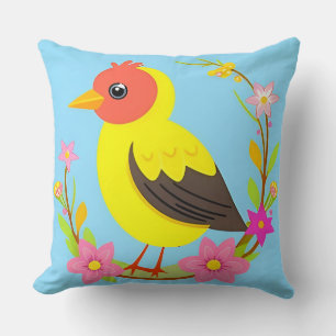 Farbenfroher Vogel umgeben von einem Blumenkranz Kissen