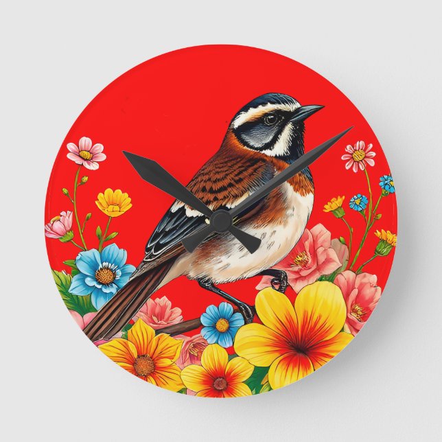 Farbenfroher Vogel unter Blume Runde Wanduhr (Vorderseite)