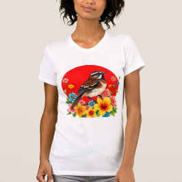 Farbenfroher Vogel unter Blume T-Shirt