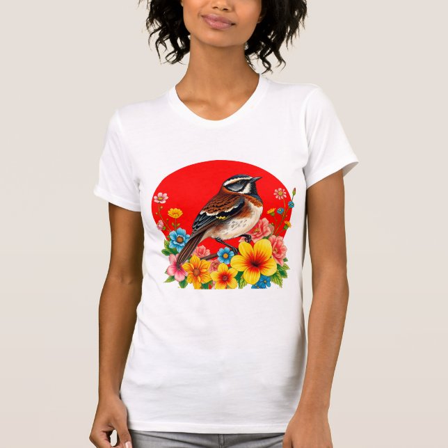 Farbenfroher Vogel unter Blume T-Shirt (Vorderseite)
