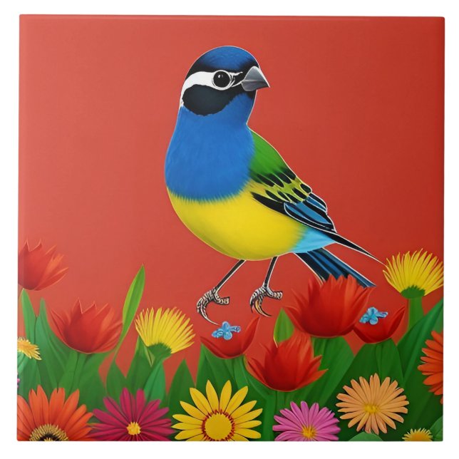 Farbenfroher Vogel unter lebhaften Blume Fliese (Vorderseite)