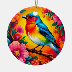Farbenfroher Vogel unter lebhaften Blume Keramik Ornament