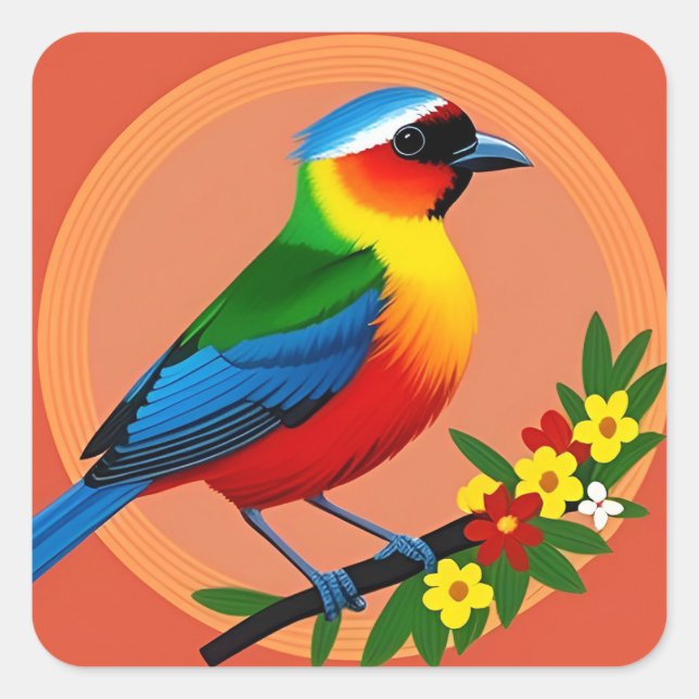 Farbenfroher Vogel unter lebhaften Blume Quadratischer Aufkleber (Vorderseite)