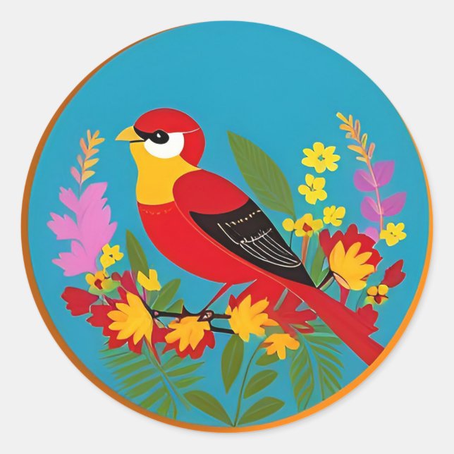 Farbenfroher Vogel unter lebhaften Blume Runder Aufkleber (Vorderseite)