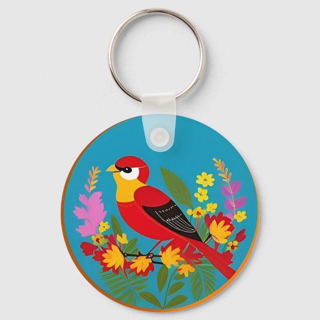 Farbenfroher Vogel unter lebhaften Blume Schlüsselanhänger (Vorderseite)