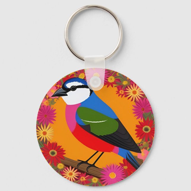 Farbenfroher Vogel unter lebhaften Blume Schlüsselanhänger (Vorderseite)