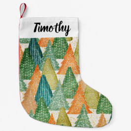 Farbenfroher Wald von Evergreen Weihnachtsbaumen Kleiner Weihnachtsstrumpf