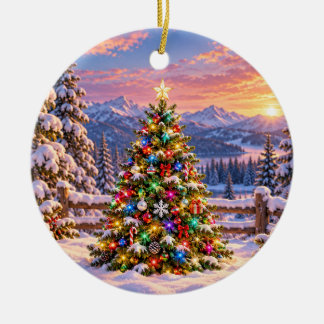 Farbenfroher Weihnachtsbaum in schneebedeckter Ber Keramik Ornament
