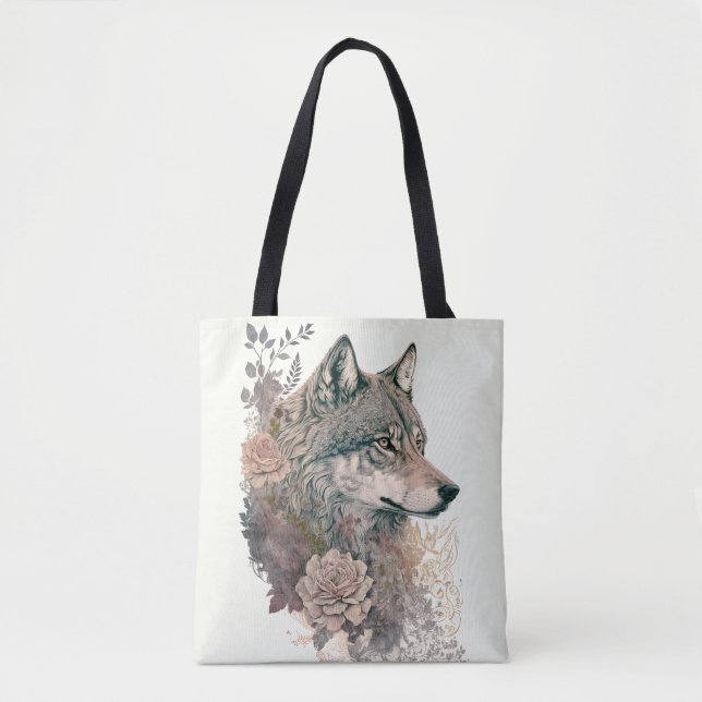 Farbenfroher Wolf und Florals Wasserfarbe in der N Tasche (Vorderseite)