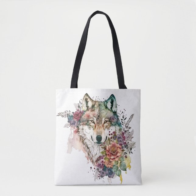 Farbenfroher Wolf und Florals Wasserfarbe in der N Tasche (Vorderseite)