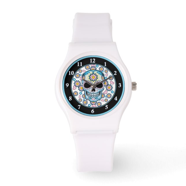 Farbenfroher Zuckerschädel Armbanduhr (Vorderseite)