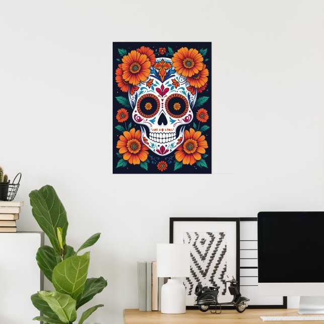 Farbenfroher Zuckerschädel mit Marigolds Poster (Heimbüro)