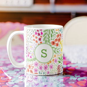 Farbenfrohes Aquarell-Blumenmuster-Frühling-Monogr Kaffeetasse