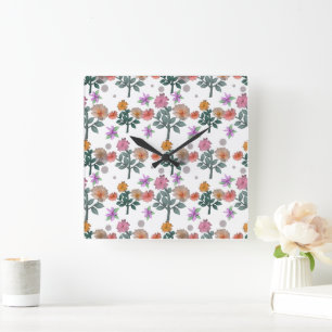 Farbenfrohes Aquarell-Blumenmuster Quadratische Wanduhr