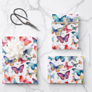 Farbenfrohes Aquarell-Schmetterlingsmuster Geschenkpapier Set
