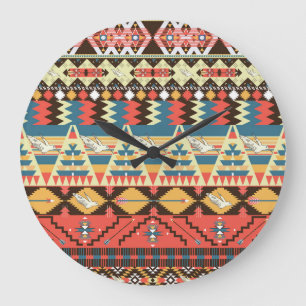 Farbenfrohes Aztekisch: Vögel, Blumenmuster. Große Wanduhr