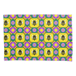 Farbenfrohes Bienen- und Blumenmuster Kissenbezug