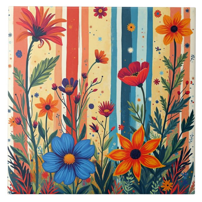 Farbenfrohes Blumengestreifen-Design Fliese (Vorderseite)