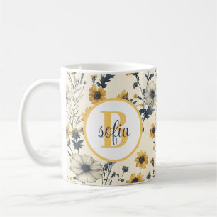Farbenfrohes Blumenmuster Monogramm Gelb Kaffeetasse