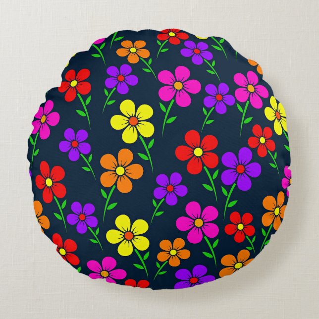 Farbenfrohes Blumenmuster Rundes Kissen (Vorderseite)