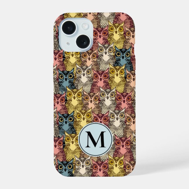 Farbenfrohes Boho-Wald-Eulenmuster iPhone 15 Hülle (Rückseite)