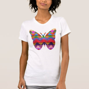 Farbenfrohes Chevron-Muster Schmetterling auf Holz T-Shirt