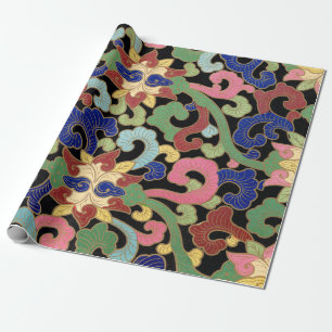 Farbenfrohes Chinoiserie-Blumenmuster auf Schwarz Geschenkpapier