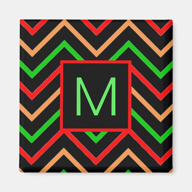 Farbenfrohes Cool Chevron auf schwarzem Monogramm Magnet (Vorne)