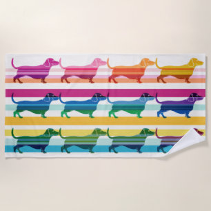 Farbenfrohes Dachshund-Muster Retro-Streifen Strandtuch