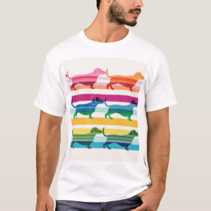 Farbenfrohes Dachshund-Muster Retro-Streifen T-Shirt
