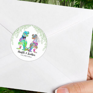Farbenfrohes Dinosaurier-Themen-Hochzeit Runder Aufkleber