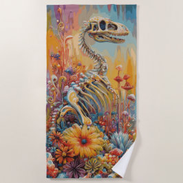 Farbenfrohes Dinosaurierskelett Florale Fantasy-De Strandtuch