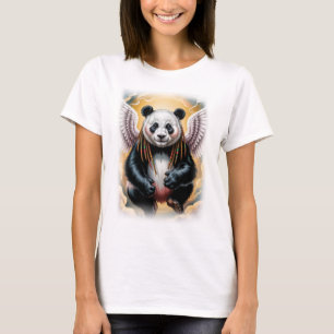 Farbenfrohes Engel-Panda-Design auf schwarzem T-Shirt