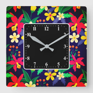 Farbenfrohes exotisches Blumen-Blatt-Muster-23021 Quadratische Wanduhr
