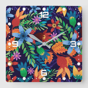 Farbenfrohes exotisches Blumenmuster-32436 Quadratische Wanduhr